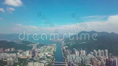 沙田、大围、城门河的空中全景。 台风来临前，曼古特来到香港