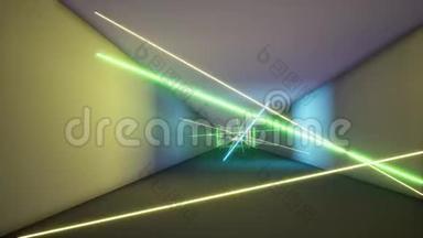 荧光紫外光彩色激光霓虹灯线隧道。 飞测无尽隧道，<strong>蓝粉色</strong>谱三维渲染