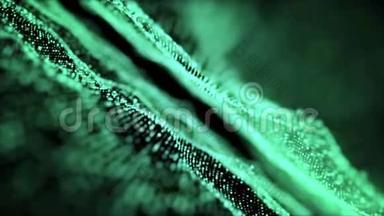 绿色标题背景抽象运动数字波粒子。 相机在右边旋转。