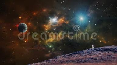 太空场景。 地球上有五颜六色星云的宇航员。 美国宇航局提供的元素。 3D绘制
