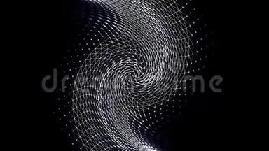 在无止境的运动中挥舞抽象的体积纹理在黑色背景上旋转，无缝循环。 白色扭曲的空间