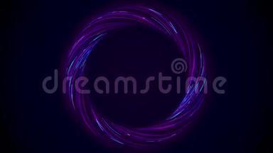 抽象发<strong>光环</strong>从扭曲纤维与闪烁的颜色隔离在黑色背景。 动画。 紫色