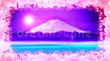 <strong>富士山</strong>，来自湖泊。 <strong>富士山</strong>。 梅花。 传统的风景。 CG循环动画。