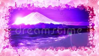 富士山，来自湖泊。 富士山。 梅花。 传统的风景。 CG循环动画。