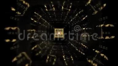 带有线条和光线的金色和黑色运动图形背景的方形隧道