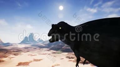 霸王龙在沙漠中的动画。 现实的渲染。 4k.