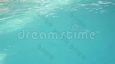豪华度假游泳池，有美丽干净的蓝色水。 4k. 游泳池里的蓝色水