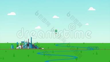 卡通动画景观，蓝色的河流，绿色的草地和一个工厂在多云的天空背景。 抽象的热空气