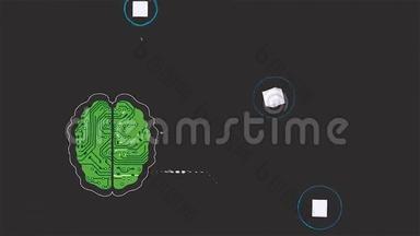 卡通动画的大脑作为微芯片接收信号波在灰色背景。 脑头连接数字线路
