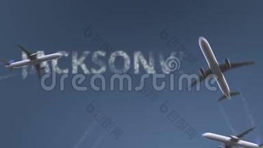 飞行飞机显示杰克逊维尔字幕。 去美国旅行概念介绍动画