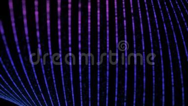 彩色霓虹灯曲线光谱和模糊粒子在黑色背景上的抽象。 动画。 数字数字