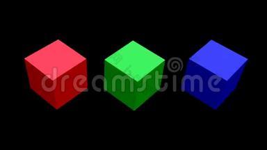 RGB立方体，3D立方体在顶部<strong>旋转</strong>，绿色立方体在绿色屏幕上<strong>旋转</strong>隔离和缩放