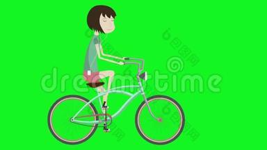 骑自行车的女孩。 骑着<strong>城市</strong>自行车的嬉皮士。 2d<strong>绿色</strong>屏幕平面插图风格<strong>动画</strong>