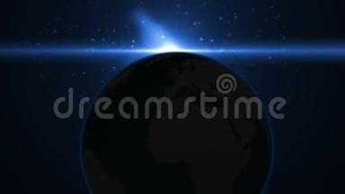 蓝色火焰覆盖地球。 3D动画。 从太空看地球上空的日出