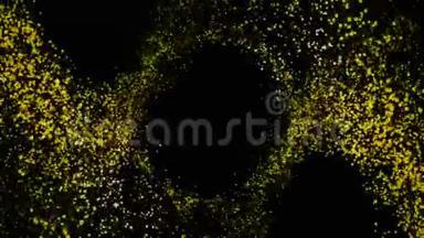 黑色背景上美丽的飞行闪烁的黄色粒子的抽象动画。 五颜六色的火花。