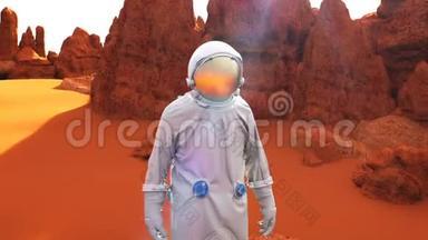 火星上的宇航员。 火星殖民的未来概念。 循环动画