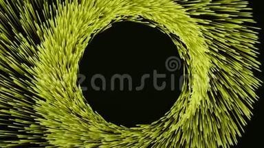 彩色隧道的抽象动画，黄色生长的粒子在黑色背景上螺旋运动。 五彩缤纷