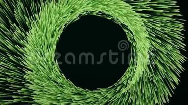 彩色隧道的抽象动画，绿色生长的粒子在黑色背景上螺旋运动。 五彩缤纷