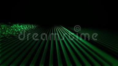 在黑色背景上抽象彩色渐<strong>变动</strong>画。 绿色几何图案的运动，它们像波一样流动。