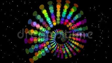 彩色彩虹螺旋，黑色背景上的多色隧道，有小闪烁的星星和红色像素点