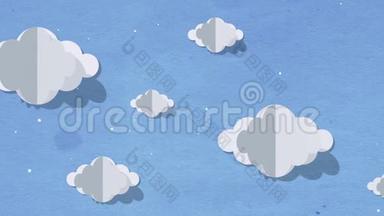 蓝天上满是云彩向左移动。 <strong>卡通</strong>剪纸艺术设计动画背景.. 3D渲染