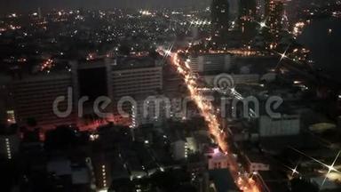商务交通道路建设曼谷市区夜间生活照明，高清高角度拍摄