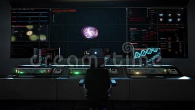 人类医疗中心，主控室，细胞分裂，3D动画，生物.. 数字仪表板显示中的基因工程。