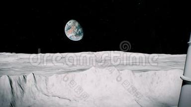 月球上的宇航员在着陆器附近的火山口敬礼。 3D背景动画