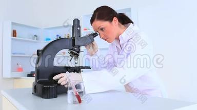 黑发科学家透过显微镜看