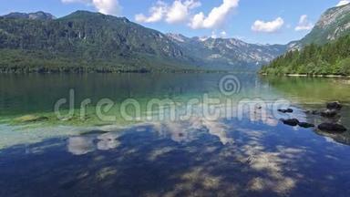 早上令人惊叹的博欣吉湖。 深邃清澈的水与鱼和华丽的景观朱利安阿尔卑斯山。 特里格拉夫国家公园