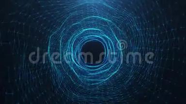 抽象运动数字虫洞，隧道由蓝色闪闪发光的<strong>粒子</strong>和<strong>线条</strong>组成。 通过数字网络