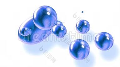 把流星的抽象背景放大，就像玻璃滴或充满蓝色火花的球体<strong>融合</strong>在一起，