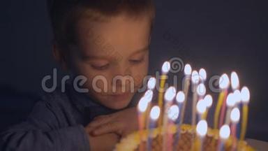 一个小男孩看着节日蛋糕上的蜡烛，<strong>许愿</strong>