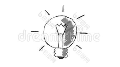 动画灯泡，白色背景上的粉笔笔画，理想的合成，用作面具，理想的镜头表示