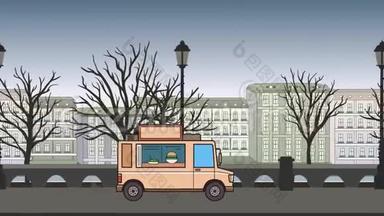 <strong>动画</strong>食品卡车穿越秋天的城市。 移动车辆的景观背景。 <strong>平面动画</strong>。