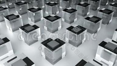 许多玻璃立方体或冰块在平面上，三维渲染，计算机生成的工业背景