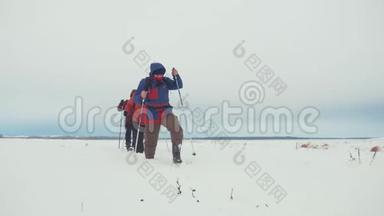 三个<strong>徒步</strong>旅行者带着<strong>徒步</strong>旅行杆，一个背包和雪鞋。 <strong>徒步</strong>旅行者小组冬季旅行愉快