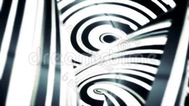 抽象旋转发光，黑白线条，快速运动背景，无缝环路.. 扭曲的单色条纹