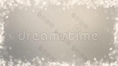 新年框架背景。 冬天的问候视频卡带雪花，星星和雪.. 无缝循环抽象圣诞动画。