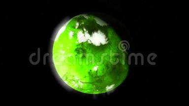 绿色<strong>星球</strong>的抽象动画，覆盖着冰，在<strong>黑色</strong>背景上旋转。 动画。 的进程