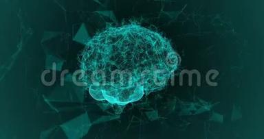 旋转粒子形成的人脑。 周围的屈膝结构不断演变。 蓝色抽象未来科学