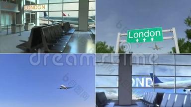 去伦敦旅行。 飞机抵达英国概念蒙太奇动画