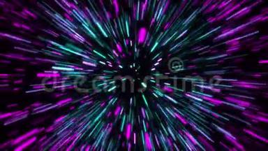 三维渲染超跃入另一个星系。 光速，霓虹灯在运动中发光。 计算机生成的抽象
