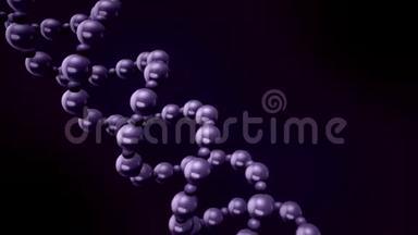 在深紫背景下漂浮的旋转紫色<strong>DNA双螺旋</strong>抽象动画