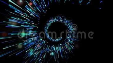 抽象发光蓝色螺旋，<strong>粒子</strong>灯.. 深色3d线框背景动画.. 明亮的蓝色<strong>线条</strong>。 动作录像。