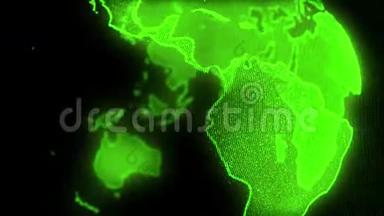 数字绿色地球。 旋转地球与闪亮的大陆。 3D动画与数字地球和粒子。