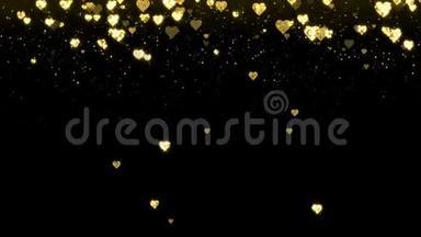 金色闪亮的心在黑色背景上闪耀着文字。 情人节节日抽象循环动画。