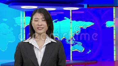 亚洲女<strong>新闻</strong>主播在虚拟电视工作室，原创设计元素