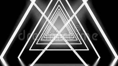 抽象白色三角形在黑色背景上跨越并形成霓虹灯隧道，无缝环路.. 动画。 几何