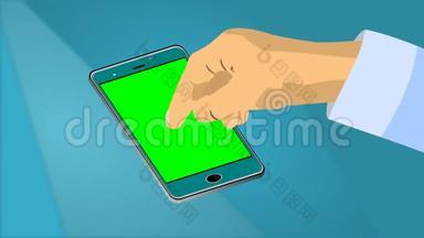 `人手滑动手指在智能手机上的动画，带有绿色屏幕高清视频镜头，与bokeh模糊蓝屏对比